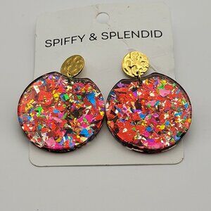 SPIFFY & SPLENDID Gold-Tone Multicolor Glitter Circle Drop Earrings 1.75" Pierce